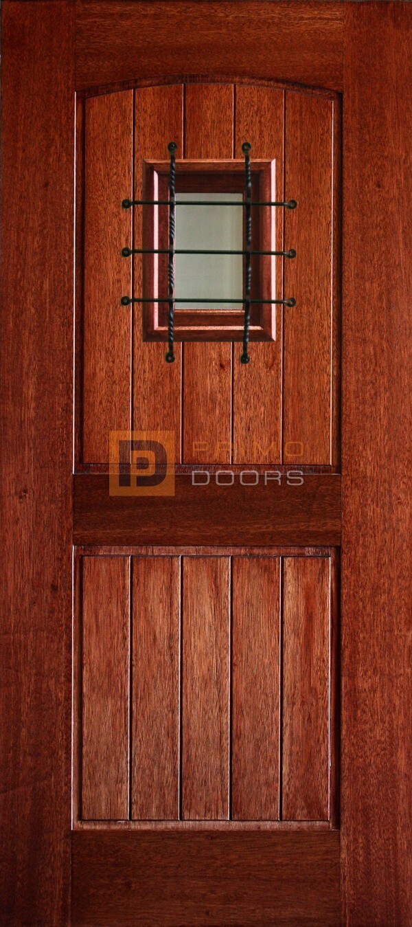 6′ 8″ Mahogany 2 Panel Arched V Groove Speakeasy Glass with Mask Solid Panel Wood Door – 3-0x6-8_Mahogany_2_Panel_Arch_V-Groove_Speakeasy_Glass_Standard_Mask