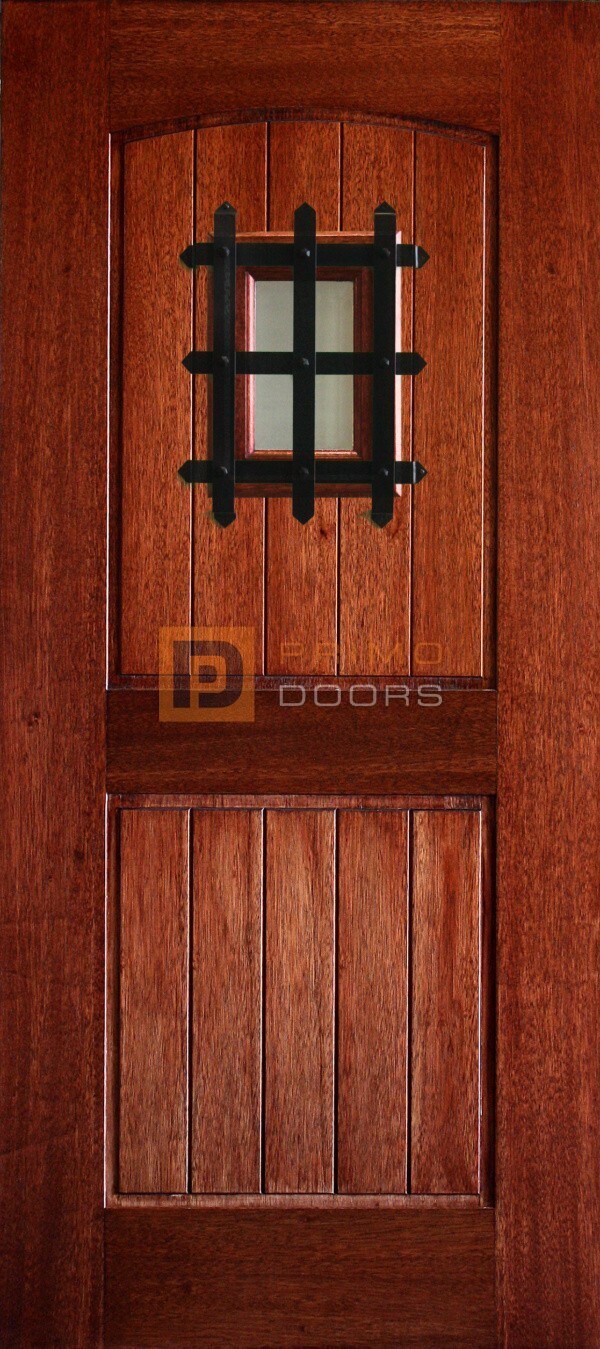 6′ 8″ Mahogany 2 Panel Arched V Groove Speakeasy Glass with Windsor Mask Solid Panel Wood Door – 3-0x6-8_Mahogany_2_Panel_Arch_V-Groove_Speakeasy_Glass_Windsor_Mask