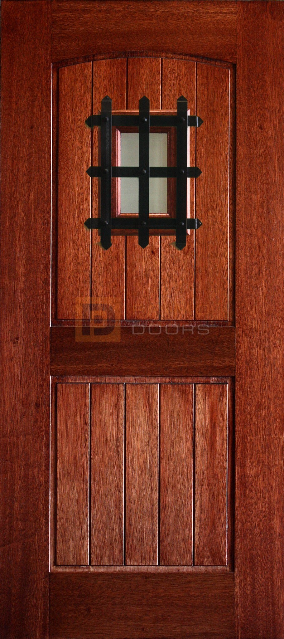 6′ 8″ Mahogany 2 Panel Arched V Groove Speakeasy Glass with Windsor