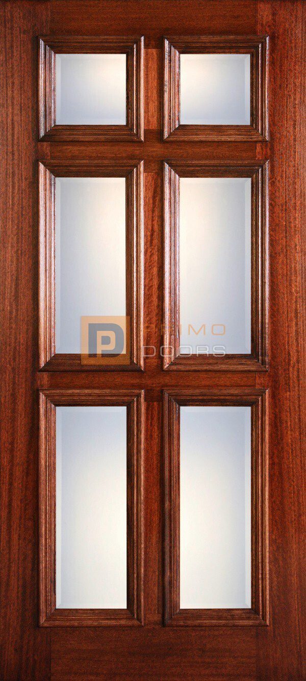 6′ 8″ Mahogany 6 Clear Bevel Panel Wood Door - 3-0x6-8_Mahogany_6_Panel_RM_Clear_Bevel