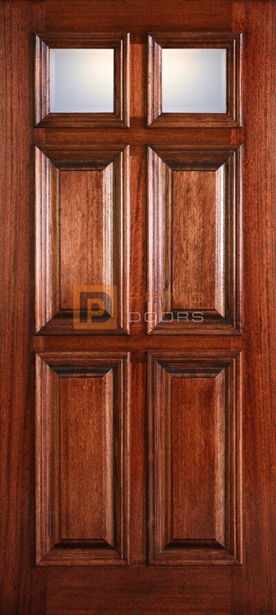 6′ 8″ Mahogany 6 Panel with Clear Bevel Top Panels Wood Door - 3-0x6-8_Mahogany_6_Panel_RM_Clear_Bevel_Top_Panels