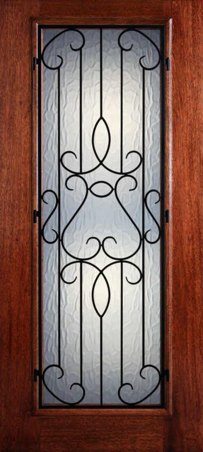 6' 8" Full Lite Barcelona Mahogany Wood Front Door with Iron Grill - 3-0x6-8_Mahogany_Full_Lite_Barcelona_Iron_Grille