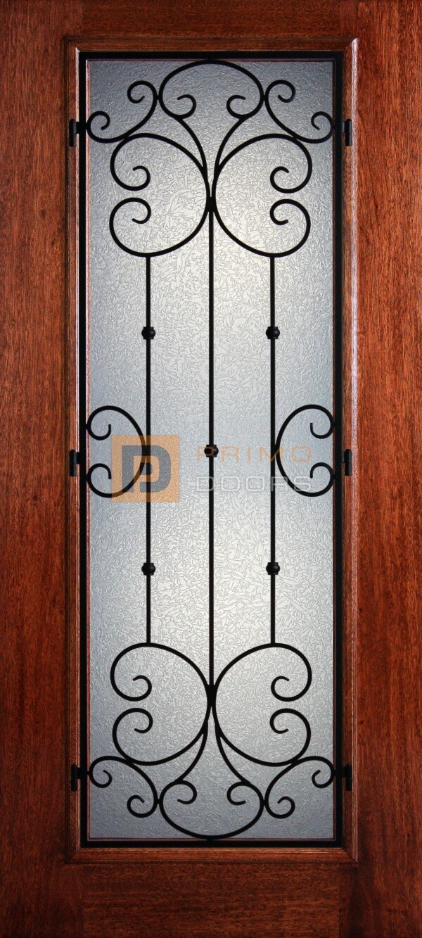 6′ 8″ Full Lite Santiago Mahogany Wood Front Door with Iron Grill – 3-0x6-8_Mahogany_Full_Lite_Santiago_Iron_Grille