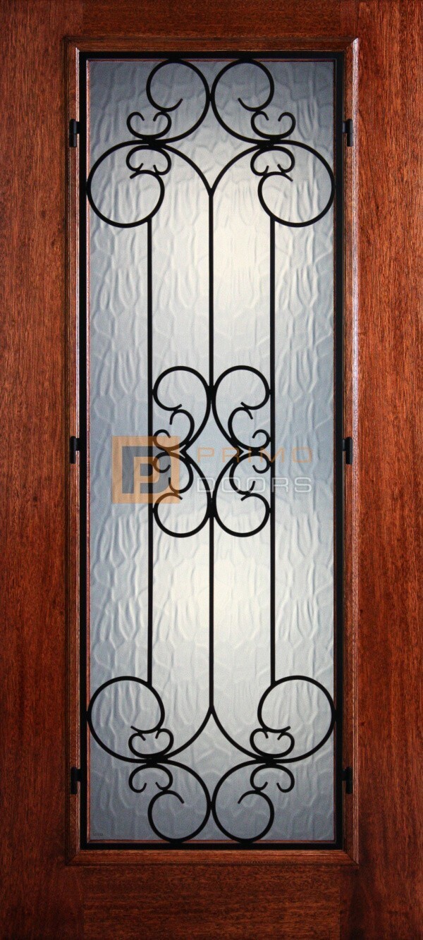 6′ 8″ Full Lite Sienna Mahogany Wood Front Door with Iron Grill – 3-0x6-8_Mahogany_Full_Lite_Sienna_Iron_Grille