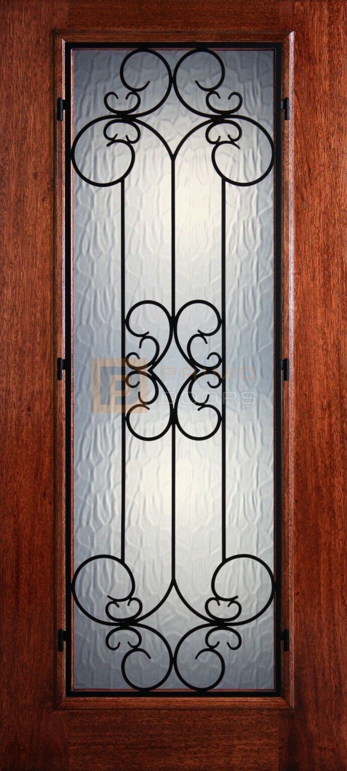 6′ 8″ Full Lite Sienna Mahogany Wood Front Door with Iron Grill Primo