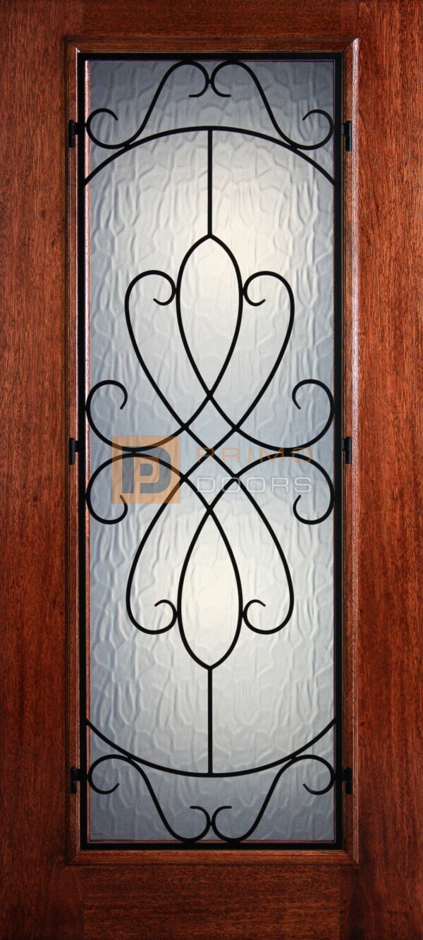 6′ 8″ Full Lite Whitney Mahogany Wood Front Door with Iron Grill – 3-0x6-8_Mahogany_Full_Lite_Whitney_Iron_Grille