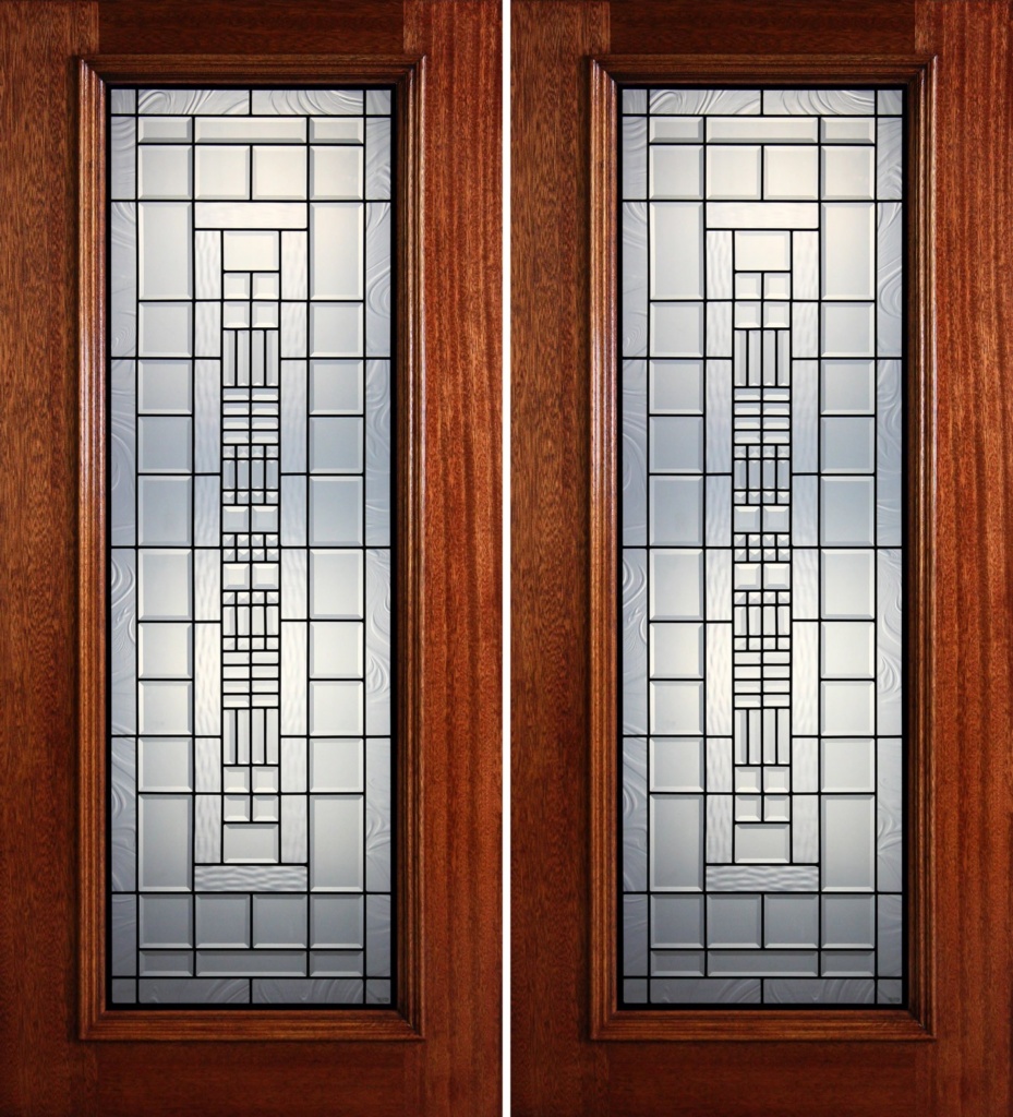 6′ 8″ Mahogany Full Light Double Doors with Decorative Glass 68 full