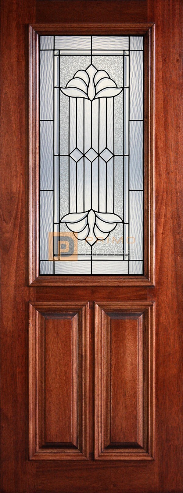 8′ 2/3 Lite Decorative Glass Mahogany Single Front Door – PD 3080-12 DELT