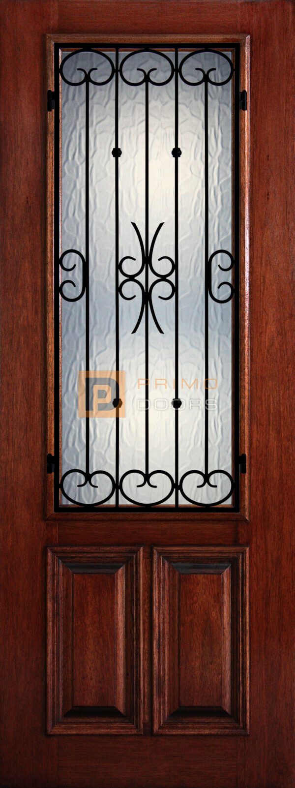 8′ 2/3 Lite Decorative Glass with Iron Grill - Mahogany Single Front Door – PD 3080-23 BALF