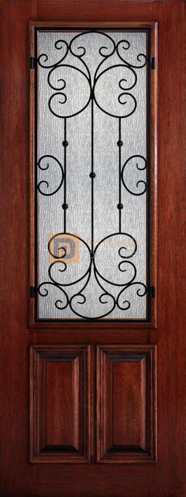 8′ 2/3 Lite Decorative Glass with Iron Grill - Mahogany Single Front Door – PD 3080-23 SANT