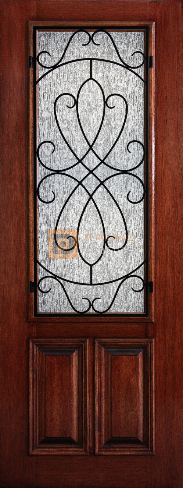8′ 2/3 Lite Decorative Glass with Iron Grill - Mahogany Single Front Door – PD 3080-23 WHIT