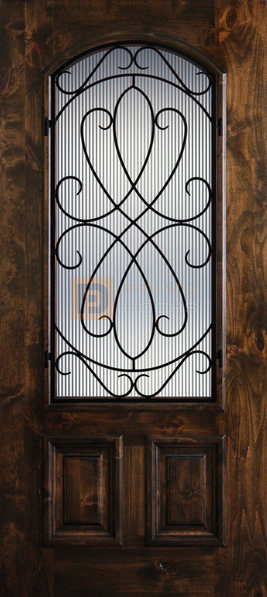 6′ 8″ Knotty Alder 2/3 Lite Decorative Glass Wood Front Door PD KA