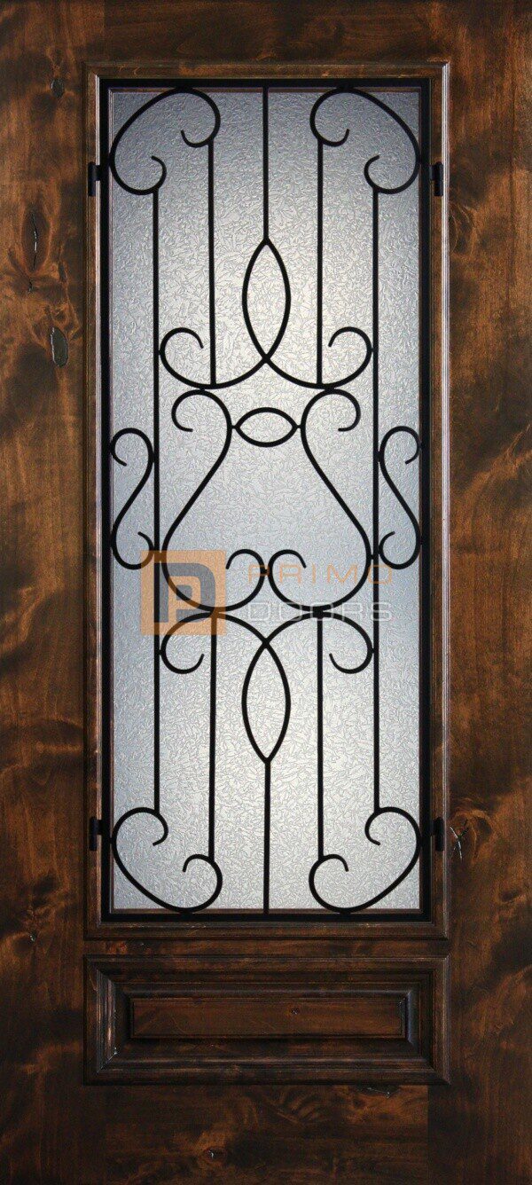 6′ 8″ 3/4 Lite Knotty Alder Decorative Glass with Iron Grill Single Iron Front Door – PD KA 3068-34 BARC