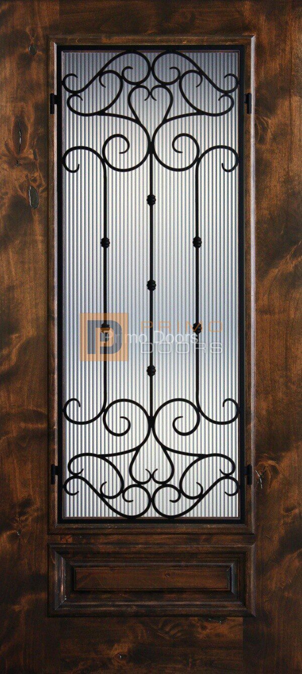 6′ 8″ Knotty Alder 3/4 Lite Decorative Glass with Iron Grill Single Iron Front Door – PD KA 3068-34 CORD