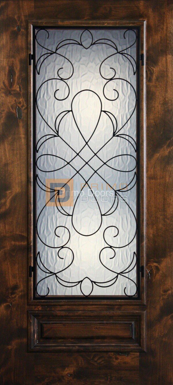 6′ 8″ Knotty Alder 3/4 Lite Decorative Glass with Iron Grill Single Iron Front Door – PD KA 3068-34 HAMM