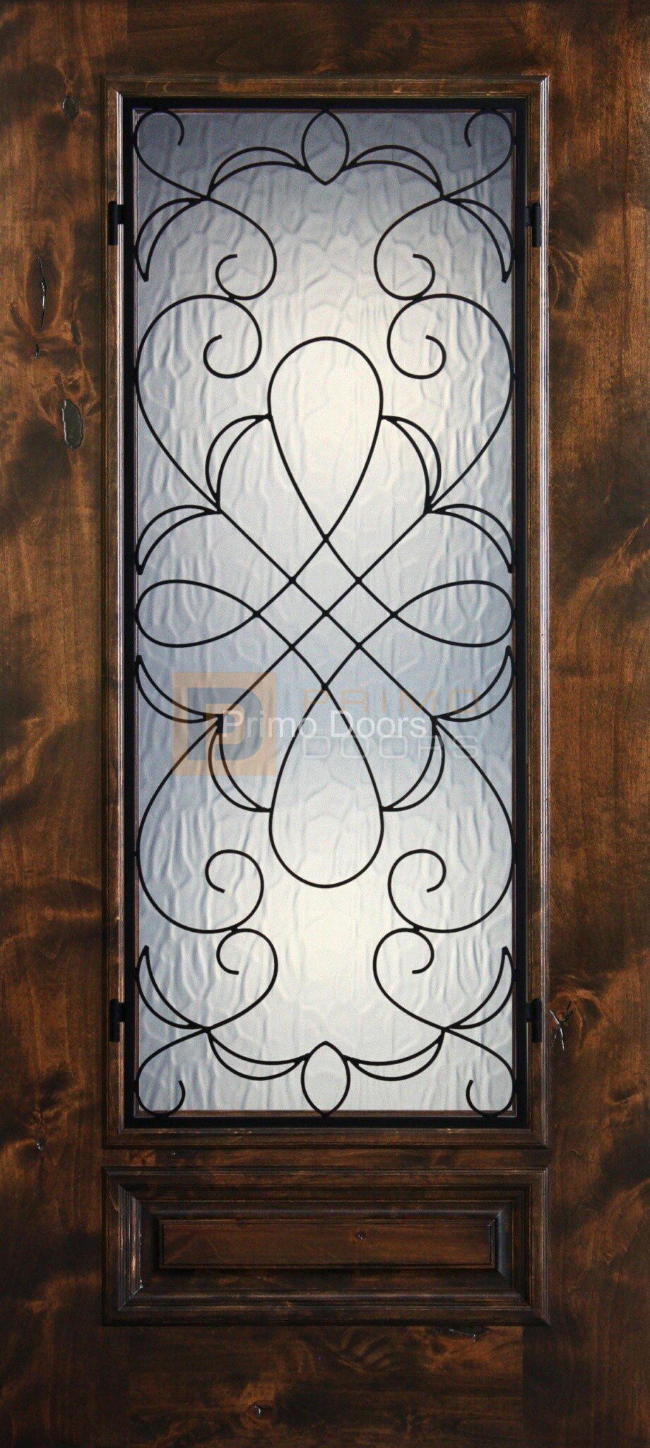 6′ 8″ Knotty Alder 3/4 Lite Decorative Glass with Iron Grill Single