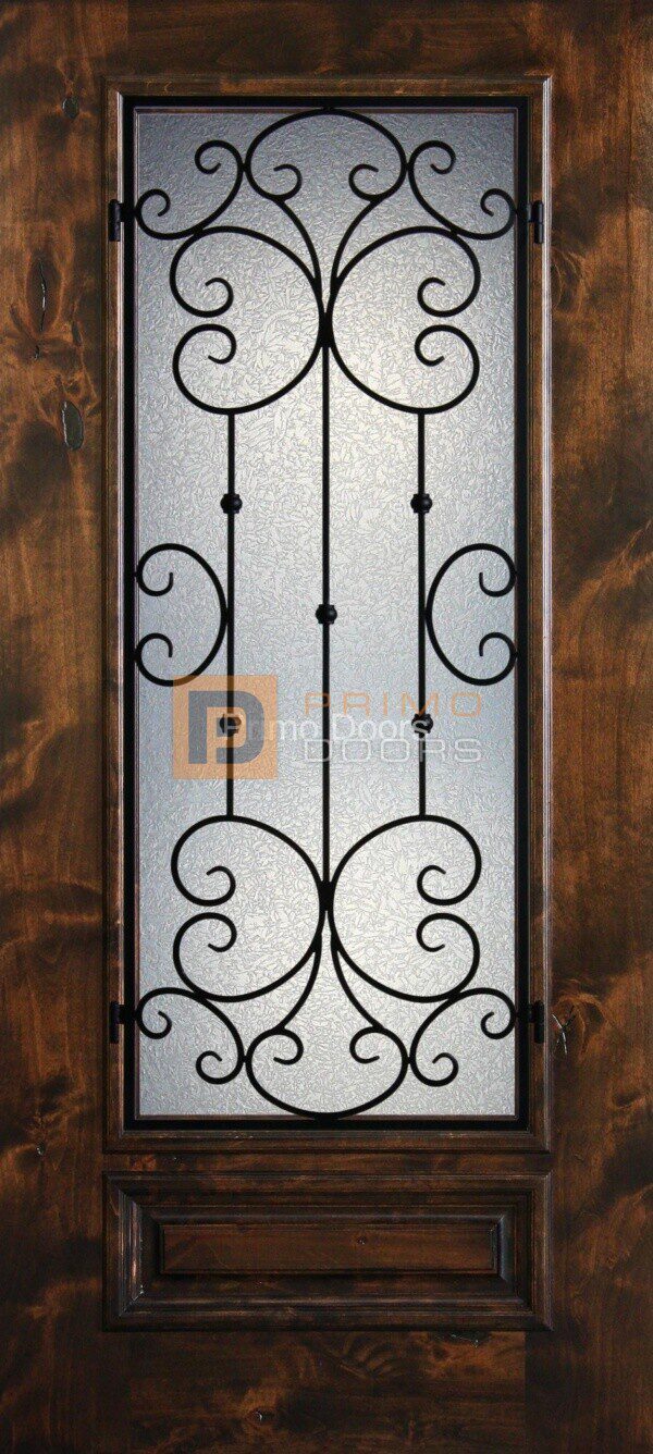 6′ 8″ Knotty Alder 3/4 Lite Decorative Glass with Iron Grill Single Iron Front Door – PD KA 3068-34 SANT