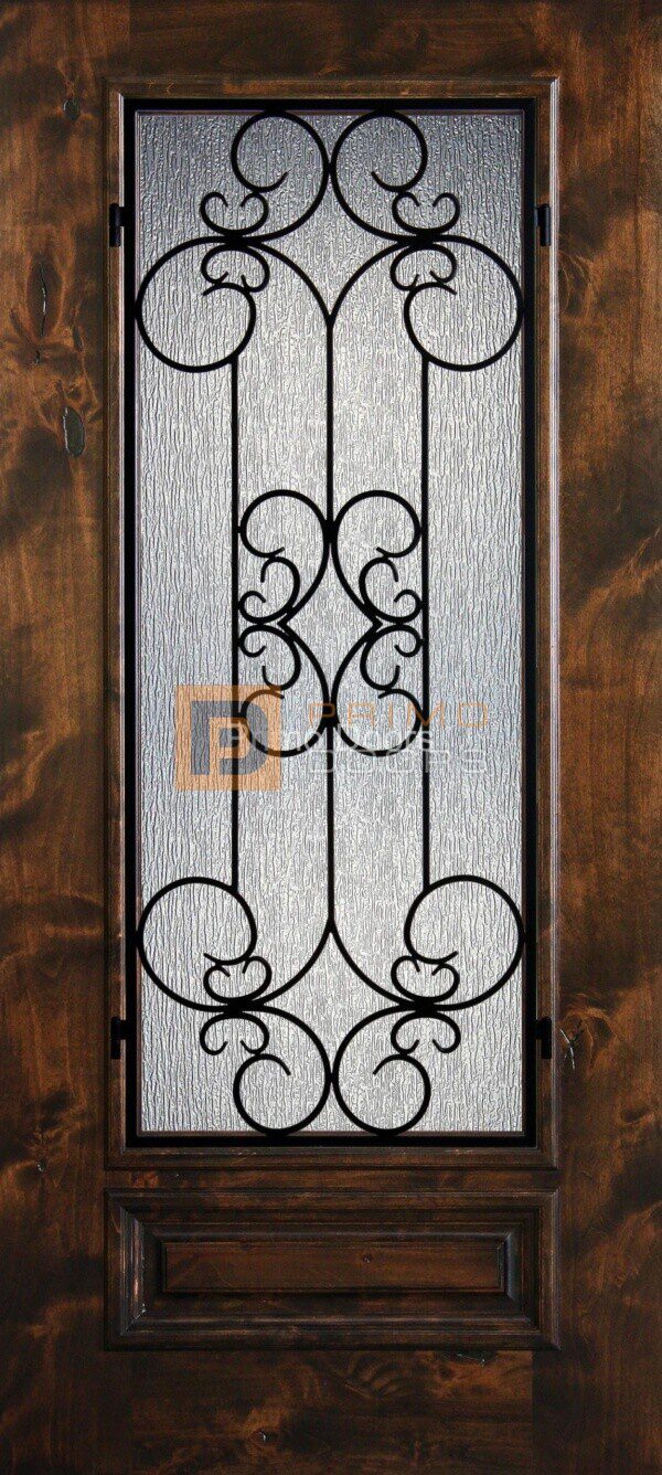 6′ 8″ Knotty Alder 3/4 Lite Decorative Glass with Iron Grill Single Iron Front Door – PD KA 3068-34 SIEN