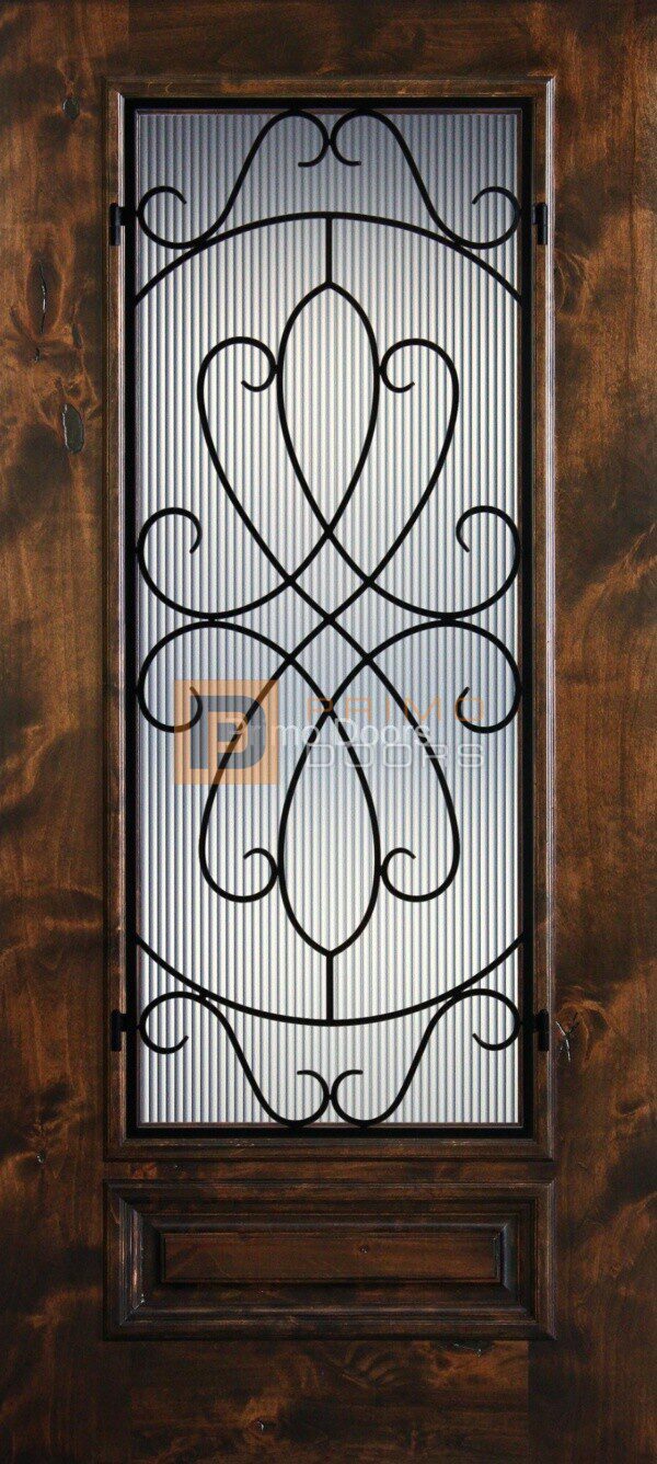 6′ 8″ Knotty Alder 3/4 Lite Decorative Glass with Iron Grill Single Iron Front Door – PD KA 3068-34 WHIT