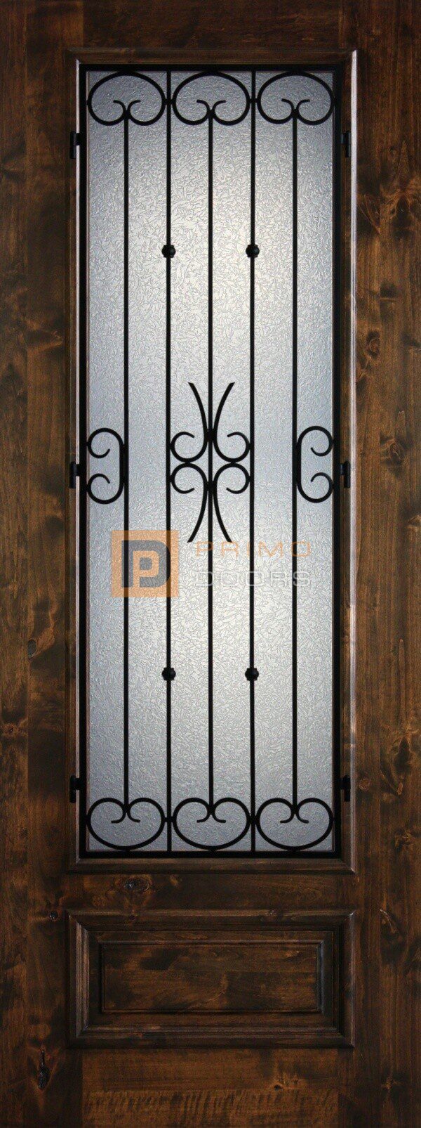 8' 3/4 Lite Knotty Alder Decorative Glass with Iron Grill Single Iron Front Door - PD KA 3080-34 BALF