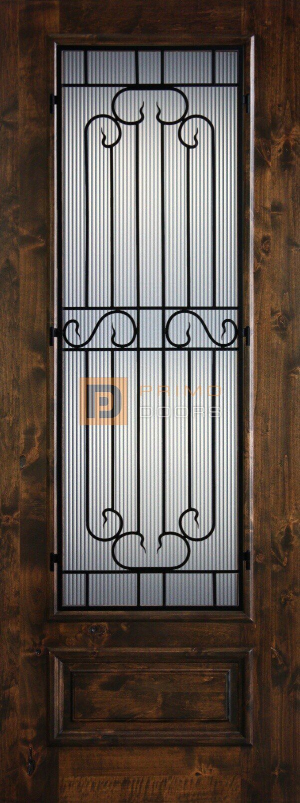 8' 3/4 Lite Knotty Alder Decorative Glass with Iron Grill Single Iron Front Door