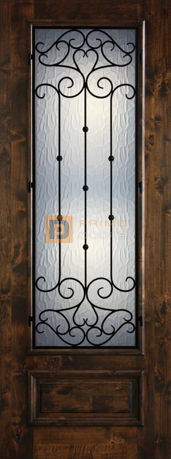 8′ 3/4 Lite Knotty Alder Decorative Glass with Iron Grill Single Iron Front Door – PD KA 3080-34 CORD