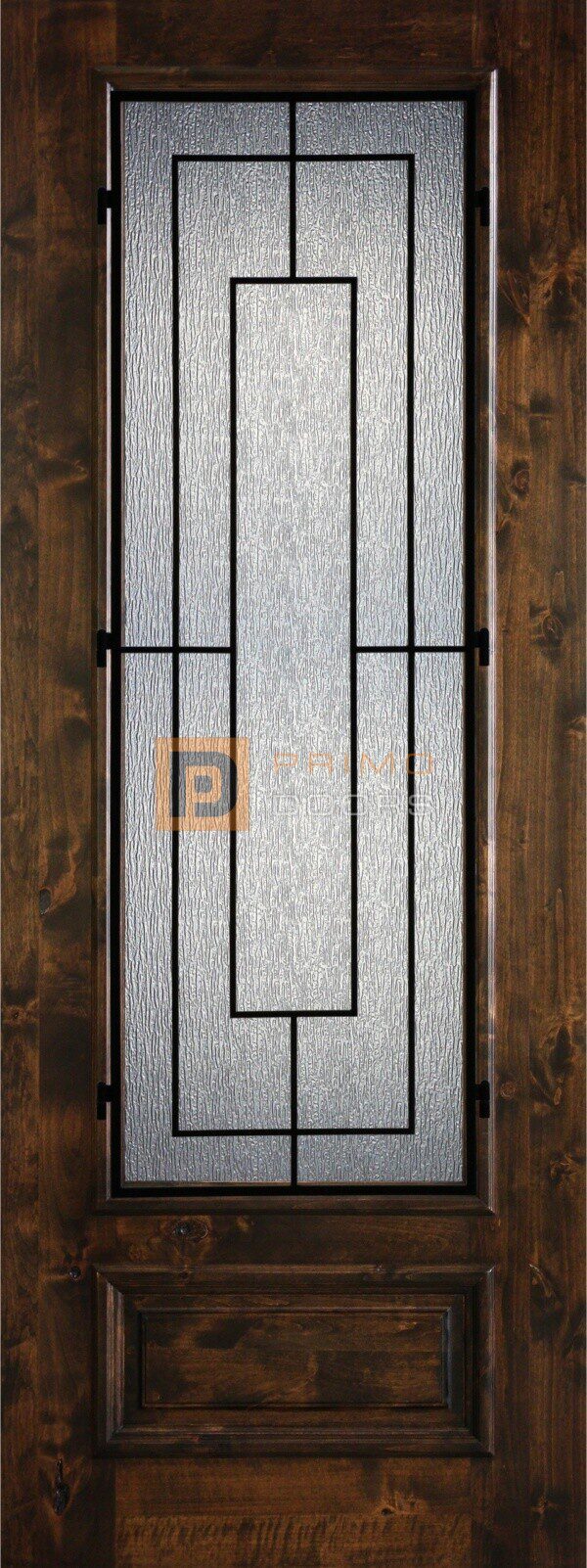8′ 3/4 Lite Knotty Alder Decorative Glass with Iron Grill Single Iron Front Door – PD KA 3080-34 SALT