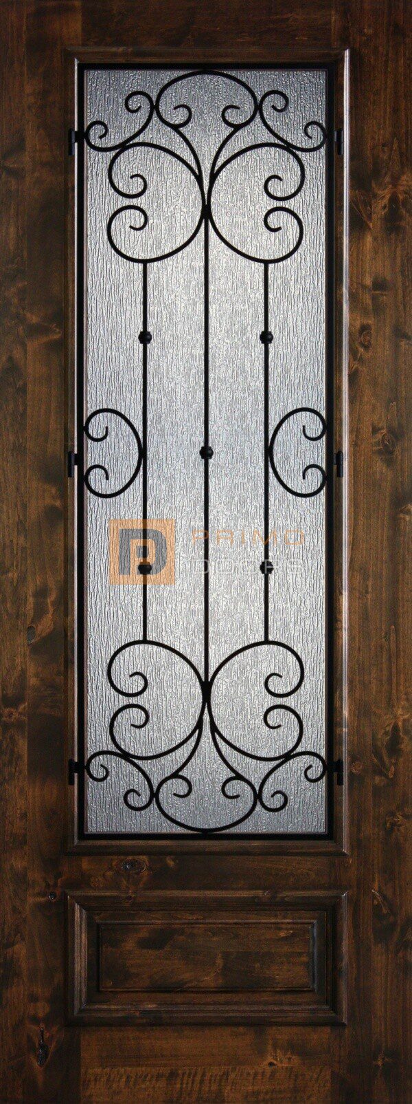 8′ 3/4 Lite Knotty Alder Decorative Glass with Iron Grill Single Iron Front Door – PD KA 3080-34 SANT