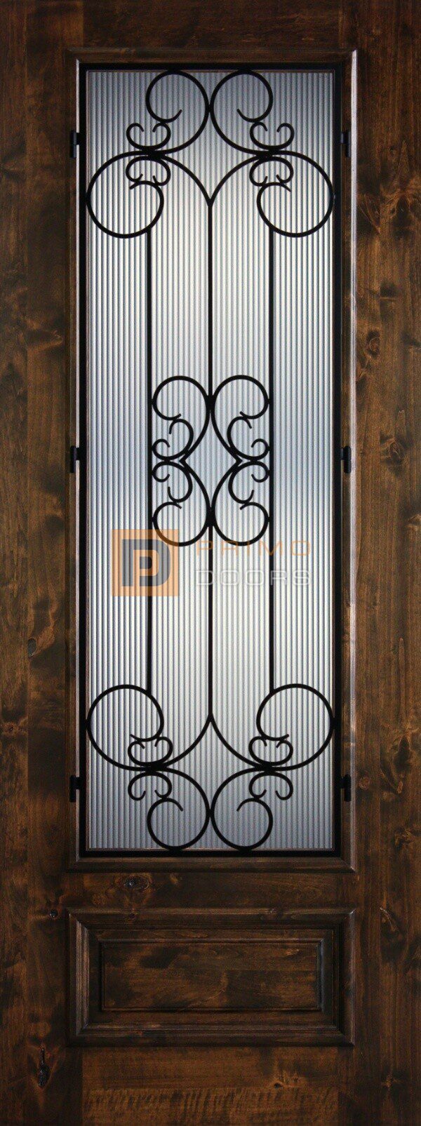 8′ 3/4 Lite Knotty Alder Decorative Glass with Iron Grill Single Iron Front Door – PD KA 3080-34 SIEN