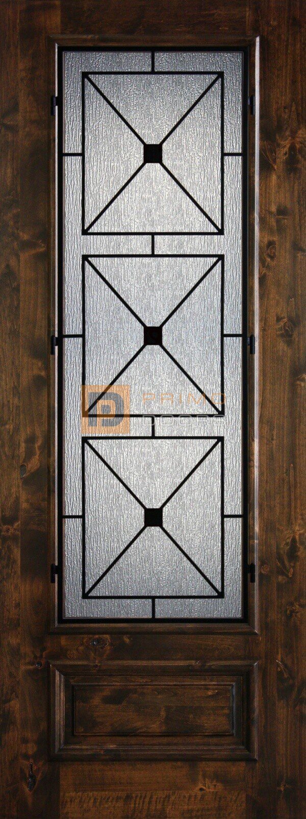 8′ 3/4 Lite Knotty Alder Decorative Glass with Iron Grill Single Iron Front Door – PD KA 3080-34 SOUT