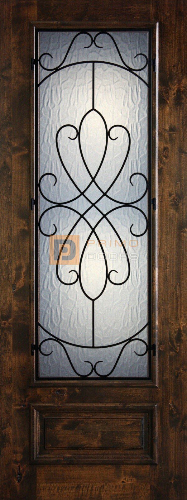 8′ 3/4 Lite Knotty Alder Decorative Glass with Iron Grill Single Iron Front Door – PD KA 3080-34 WHIT
